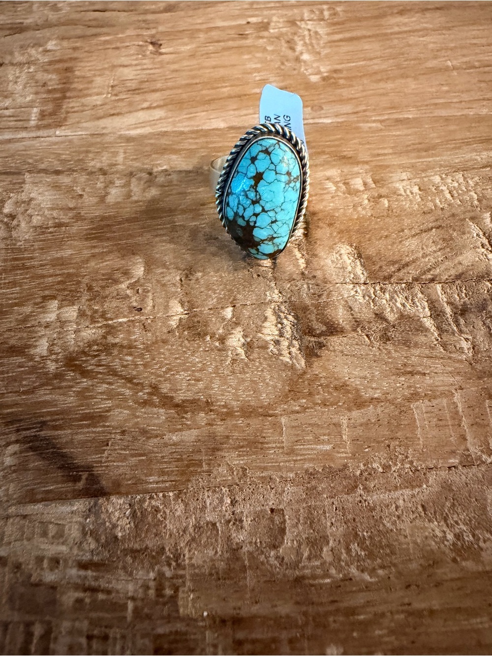 Native Made Webbed Kingman Turquoise and Sterling Silver Ring - Adj. - Picture 2 of 3